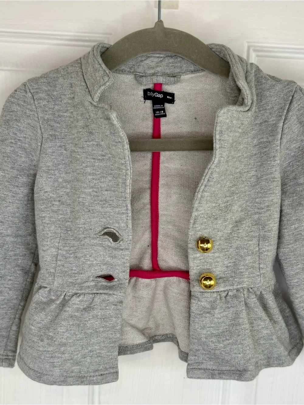 babyGap Gray Peplum Terry Cloth Blazer Jacket Gold Buttons 12-18 Months